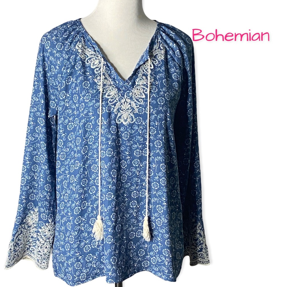 Knox Rose Top Blouse Blue Embroidered Bohemian Casual feminine SALE